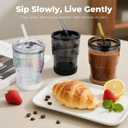 13 Oz Glass Cups with Lids and Straws, Reusable Iced Coffee Water Tumblers, Sealed Carry-On Thick Wall Drinking Cups for Cold Brew, Smoothie, Juice (2 Pack-Aurora-White,Black)