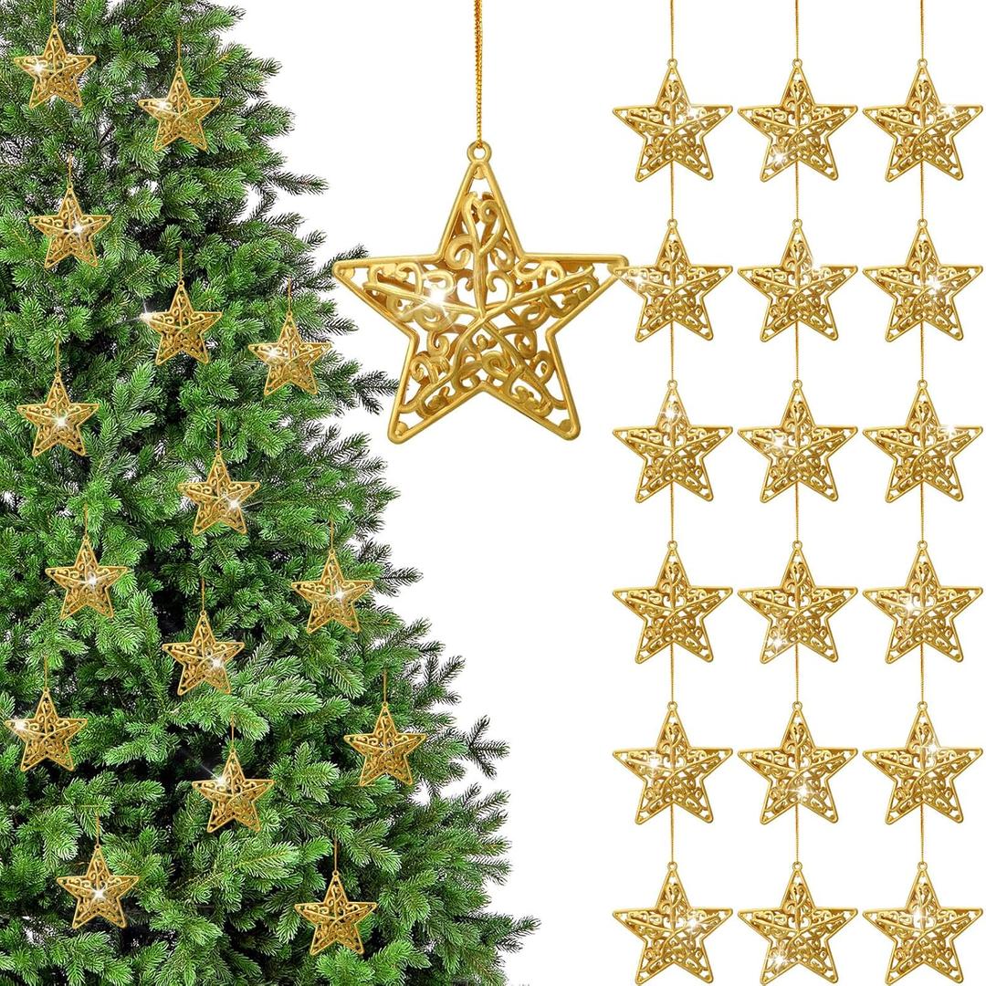 24 Pcs 3D Gold Glitter Star Christmas Tree Ornaments Holiday Decorations Stars Ornaments for Christmas Trees, Holiday, Wedding, Xmas Party Decorations