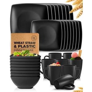 Teivio 32-piece Plastic Kitchen Wheat Straw Square Dinnerware Sets,Service for 8, Unbreakable Dinner Plates, Salad Plates, Snack Bowls, Mugs,Dishwasher Safe,Camping Dishes,Black