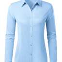 Gleeivy Button Up Shirt Women Satin No Iron Formal Dress Shirts Classic Fit Light Blue Casual Business Button Down Blouse Solid Stretchy Long Sleeve Professional Suit School. Size S