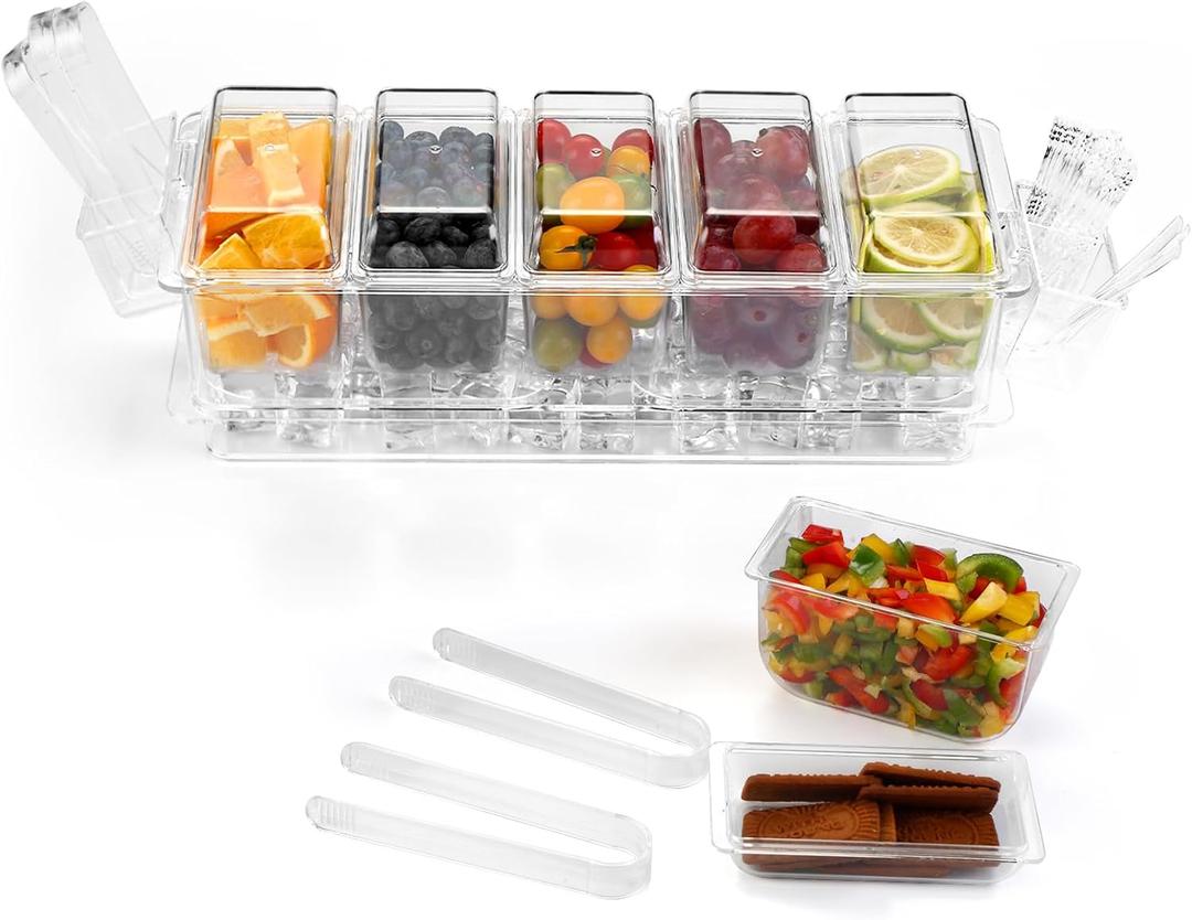 Ice Chilled Condiment Organizer with Detachable Ice Box & Hanging Side Bins  Ice Chilled Taco Bar Serving for Parties, Fruits, Salad  Includes Tongs, Spoons, Forks (BPA-Free) (5 Compartments)