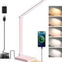 LED Desk Lamp with USB Ports,Touch Desk Lamps for Home Office with 5 Color Modes,3 Brightness Desk Light with Small Night Light,Reading Lamp Table Lamp for Bedroom Bedside Study Pink with adapter