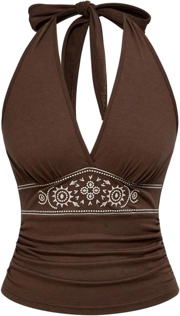 Women's Y2K Western Top Halter Cowboy Cowgirl Hippie Top Boho Ruched Going Out Backless Halter Tank 70s (Brown)