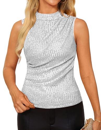 Sparkly Sequin Tank Tops for Women Glitter Sleeveless Cami Crop Vest Shimmer Club Party Top Shirts Silver White Small