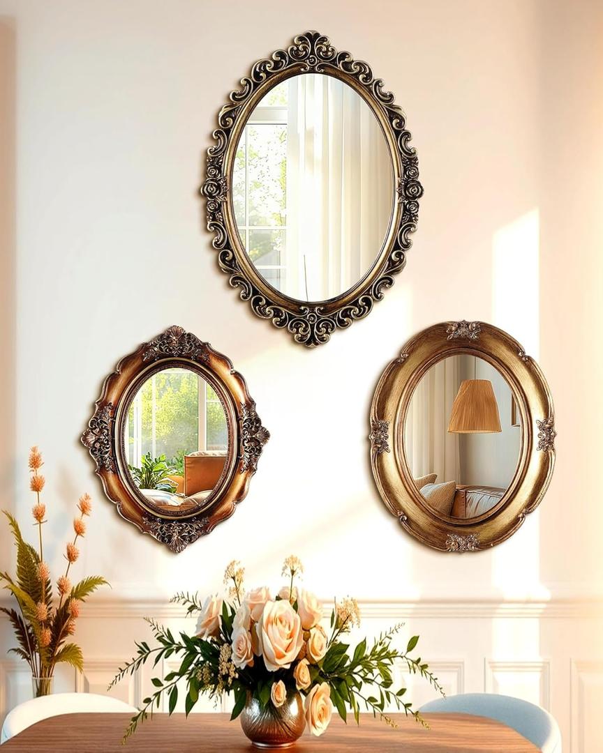 3 Styles Vintage Gold Mirror Set Wall Decorative, Vintage Wall Mirror Antique Hanging and Tabletop with Stand for Living Room Bedroom Dresser, Classic Home Wedding Decor(Retro Style)