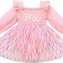 ODASDO Baby Girls First Birthday Outfit Sqaure Neck Ruffle Long Sleeve Tulle Tutu Romper Dress with Bow Headband
