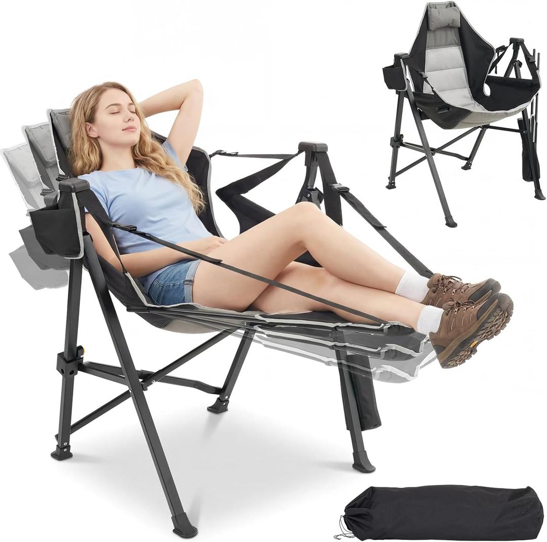 Hammock Camping Chair with Removable Footrest, 400lbs Heavy Duty Portable Swing Chair Outdoor with Adjustable Back, Foldable Camping Chair with Headrest and Cup Holder for Camping, Patio, Lawn