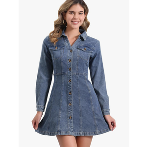 Allegra K Women's Denim Dress Button Down Collar V Neck Long Sleeve A-line Cotton Jean Dress S