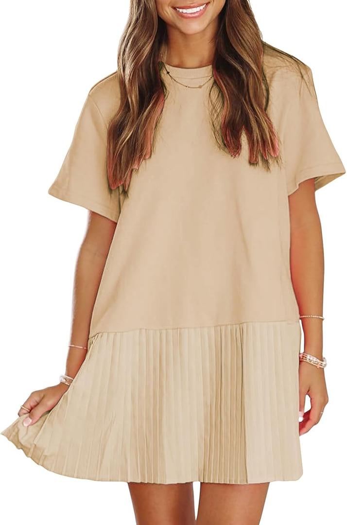 EXLURA Womens Summer Casual Short Sleeve Dress Crewneck Tshirt Dresses Pleated Aline Mini Dress 2025 Vacation Beach Sundress (Beige, M)