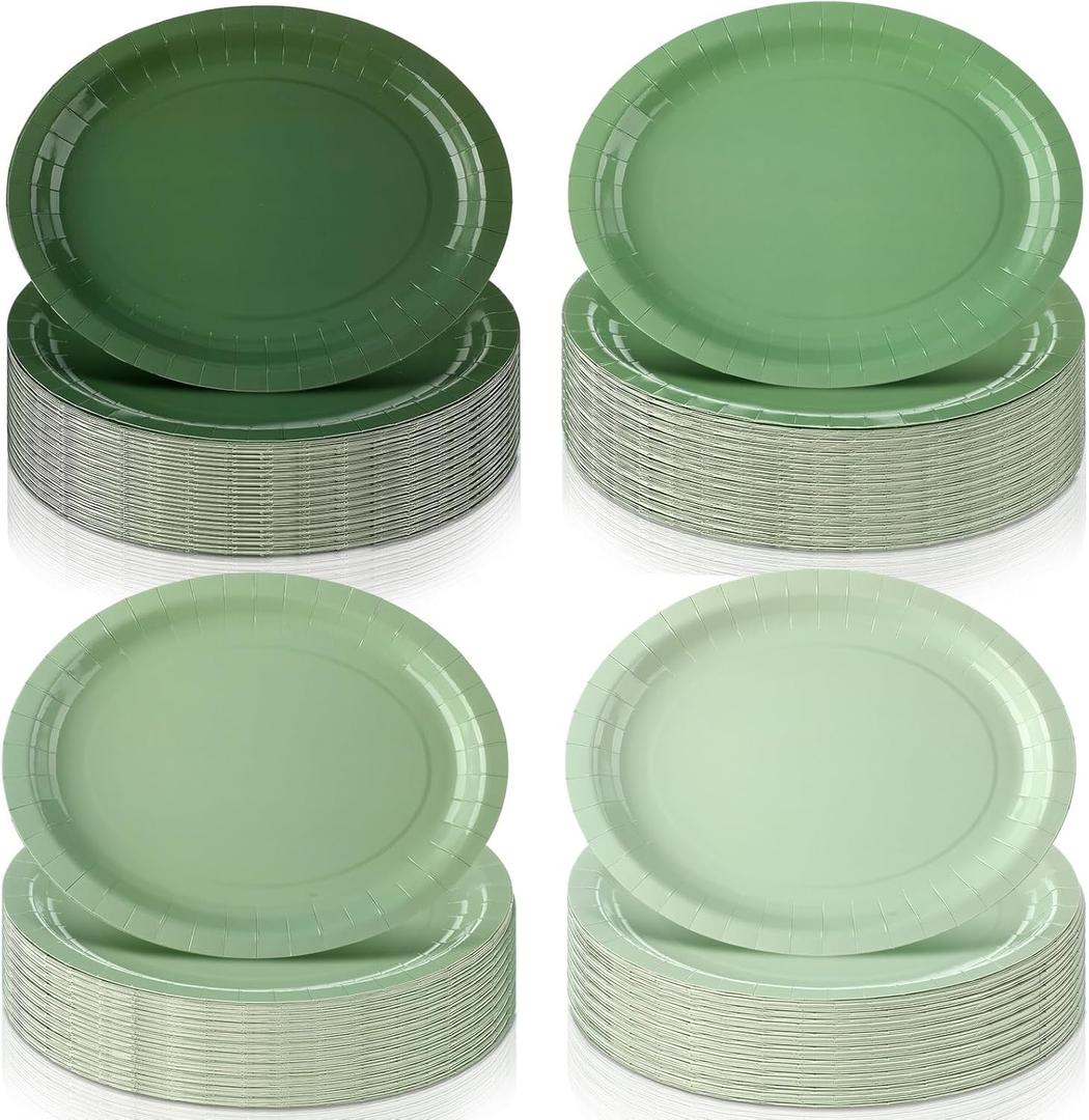 Geyoga 48 Pcs Sage Green Oval Plates 10" x 12" Large Disposable Heavy Duty Party Oval Paper Dessert Dinner Plates for Birthday Wedding Baby Shower