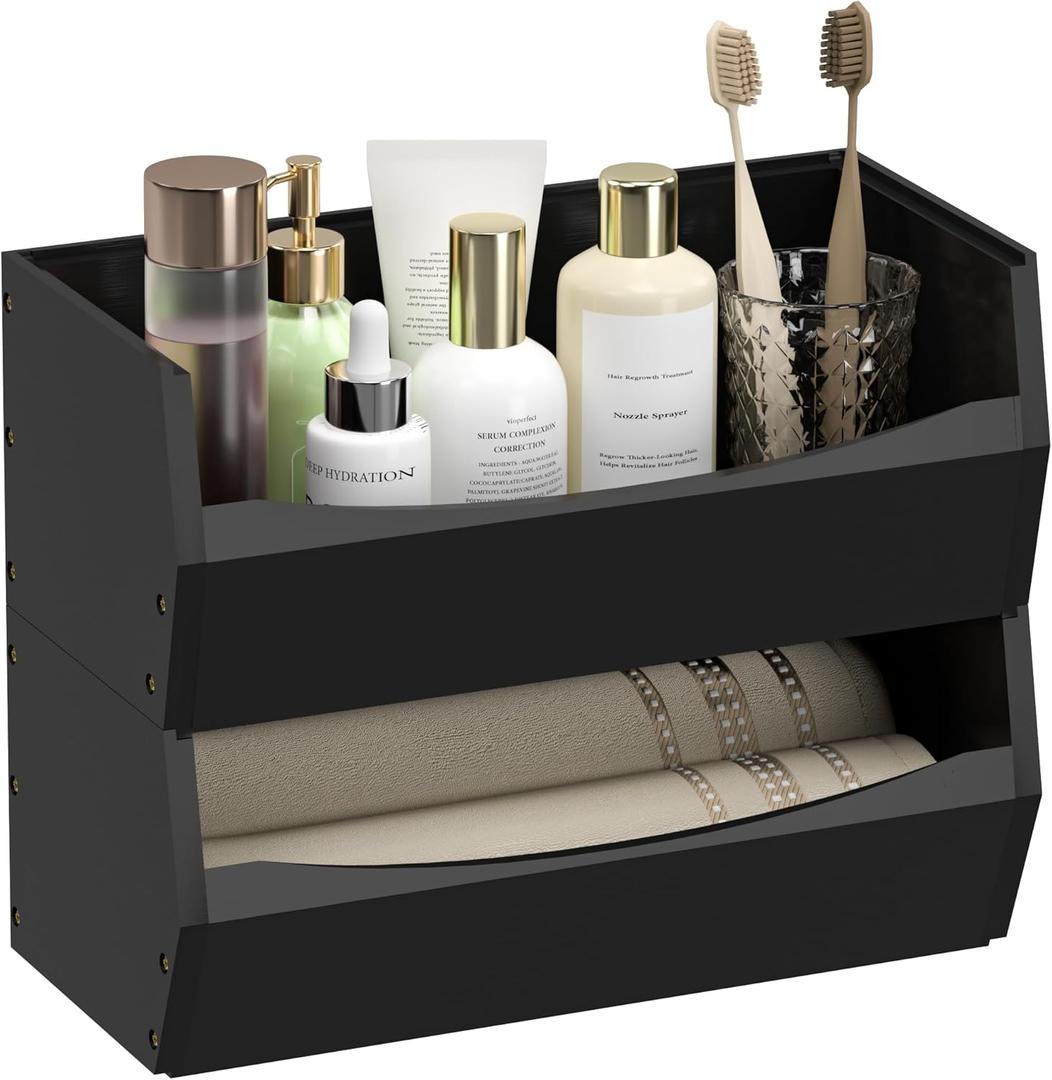 2 Set Open Front Stackable Storage Bins, Bamboo Stacking Storage Bins Food Vegetable Makeup Containers, Organizer Bins for Kitchen, Bathroom, Office, Cabinet, Countertop Storage (Long Black)