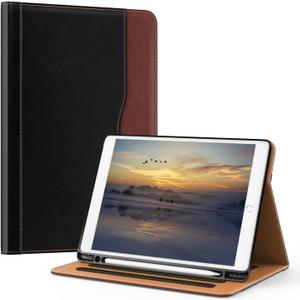 OKP Case for iPad 9th Generation 2021 / 8th Generation 2020/ 7th Gen 2019 10.2 inch Case with Multi-Angle Viewing PU Leather Stand Cover with Pencil Holder & Pocket, Auto Sleep/Wake, Black Brown