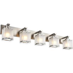 5-Lights Bathroom Vanity Light Fixtures, Modern Brushed Nickel Wall Sconce Lighting with Rectangular Frosted Glass Shades, E26 Bulb Base