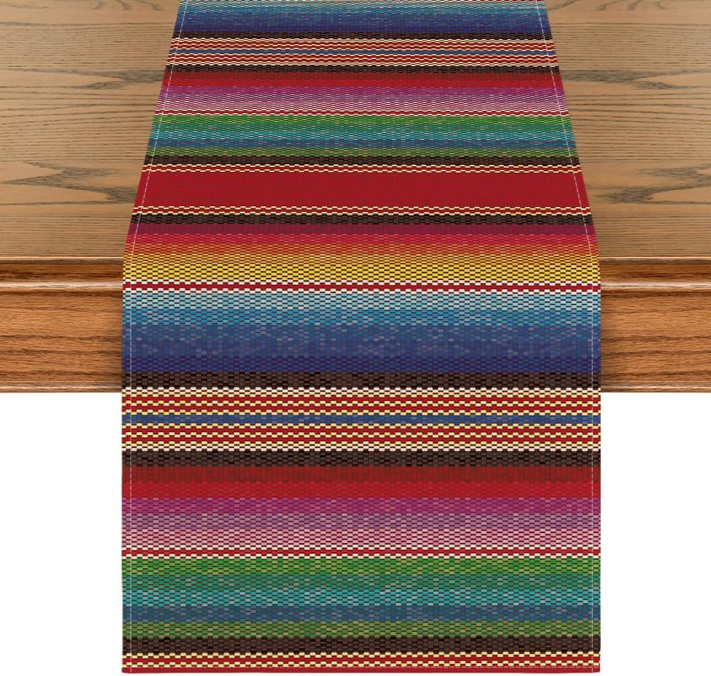 Artoid Mode Colorful Stripes Serape Mexican Table Runner, Mexico Dia De Los Muertos Fiesta Kitchen Dining Table Decoration for Home Party Decor 13x90 Inch