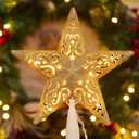 Brightown-Christmas-Tree-Topper, Christmas Star Tree Topper Lighted 3D Hollowed Gold Pentagram Built-in 10 Bulbs Golden Glitter Sparkling Plug in Vintage Indoor Holiday Xmas Decorations Ornaments