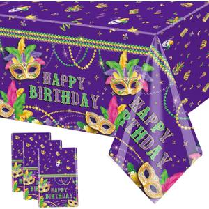 MEHOFOND 3PCS Mardi Gras Plastic Tablecloths, 108x54inch Masquerade Happy Birthday Disposable Table Cover, Fat Tuseday Carnival Party Decorations, Purple Green Gold Mask Bday Table Cloth Supplies