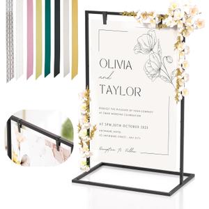 Wedding Welcome Sign Stand, 50x30x 20 Heavy Duty Easel Stand for Sign with 8 Pair Satin Ribbon & 2 Leather Strap, Welcome to Our Wedding Sign Holder, Metal Floor Standing Easels for Signs, Poster (Black)