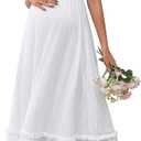 OUGES Womens 2026 Summer Maternity Photoshoot Dress Boho Maxi Smocked Baby Shower Dress Ruffle Sleeve Maternity Clothes (Medium, White)