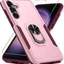 Compatible with Samsung Galaxy S24/S25 Case with Screen Protector Tempered Glass,Heavy Duty Shockproof Full Body Phone Cover Built in Metal Ring Holder Kickstand,2025 Cute Pink