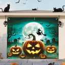 Halloween Garage Door Banner Pumpkin Hanging Backdrop Horror Moon Night Door Cover Halloween Wall Decorations Scary Cemetery Photo Background for Outdoor Holiday, 7 x 8 Ft (Green)