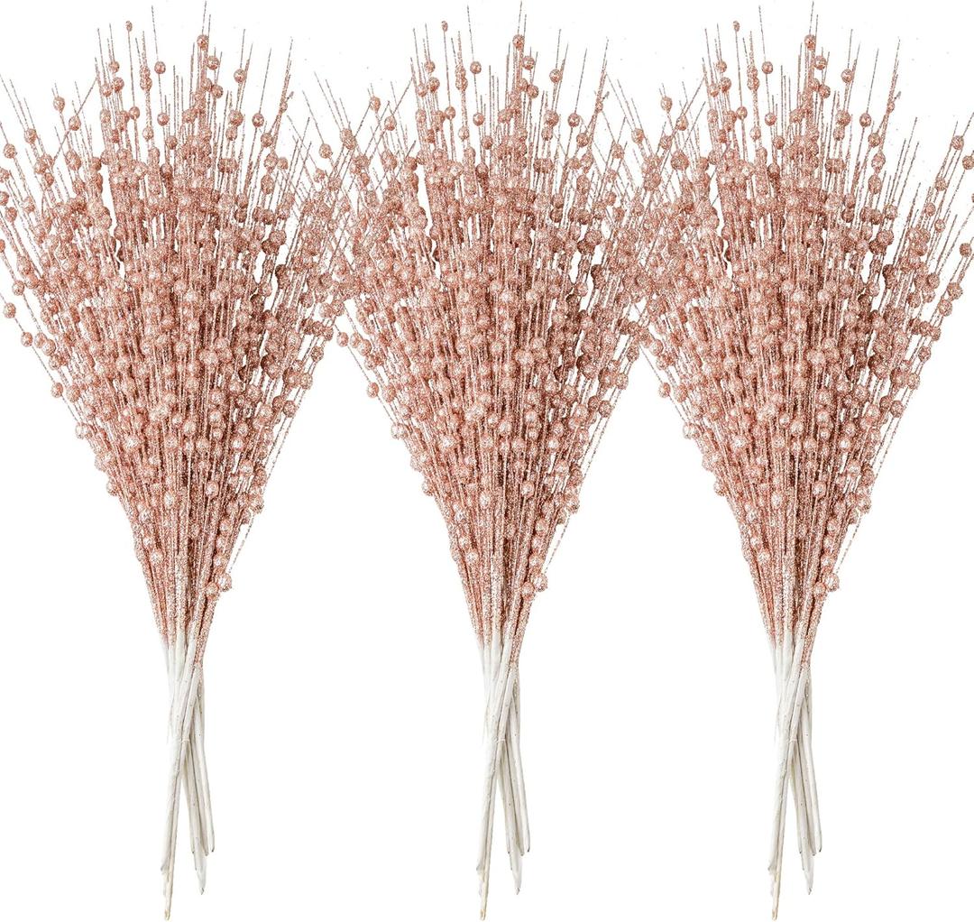 Joiedomi 24 pcs Christmas Tree Berry Stem (Rose Gold) Ornaments, Glittery Decorative Bead Sticks, Glittery Twigs, Picks, Branches for Christmas Tree, Small Vase, Holiday, Wedding, Party Decorations