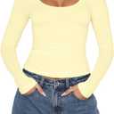 BAIGRAM Women Basic Long Sleeve Scoop Neck Crop Tops Y2K Tight Slim Clean Fit Workout Tshirt Fall Trendy Going Out Gym Shirt Cream Yellow (L)