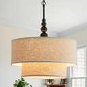 Shrine Lighting Double Drum Chandeliers, Farmhouse Style, Perfect Drum Pendant Light for Dining Room, D20'' x H10'', Adjustable Chains 55'', E12*4 Sockets, Beige Linen Fabric Lampshade & Black Rod