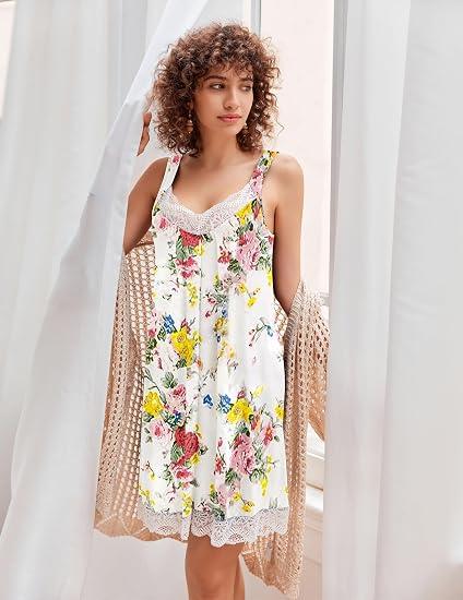 Ekouaer Womens Nightgown 1 Pack Nightgown V Neck Lace Sleepwear Sleeveless Chemise Women's nightgowns Green+White Flower, Medium
