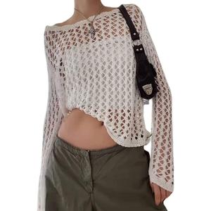 Women Knit Crochet Hollow Out Fishnet Top Long Sleeve See Through Mesh Shirt Sexy Club Streetwear, Size: S/M