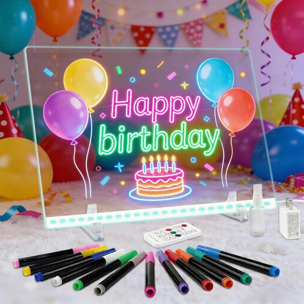 LED Note Board with 7 Colors, Lumiboard Drawing Board, 3 Modes & 7 Colors, Light Up Dry Erase Boards with 12 Markers, Soft Cloth, Hanging Chain, Writing Board for Home/Office/Decor