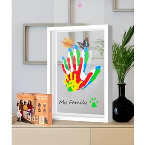Family Handprint & Hand Casting Kit DIY Craft Keepsake with Wooden Frame, Non-Toxic Paints, Baby Footprint Kit Perfect Gifts for Grandparents, New Parents & Families (White, 4 Transparent Sheets)