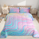 Feelyou Girls Pink Comforter Set Queen Size Kids Rainbow Stripe Bedding Set for Boys Teens Women Die Tye Comforter Breathable Geometric Duvet Princess Decor Quilt,1 Comforter with 2 Pillowcase