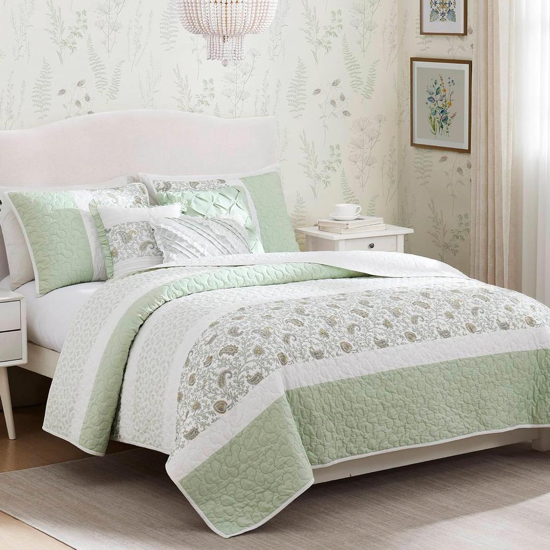 Madison Park King Quilt Set Cotton Coverlet Set with Cotton Filling for King Size Bed, All Season, Lightweight King Cotton Quilt Include Shams, & Dcor Pillows, Dawn, King/Cal King Sage Green 6 Piece