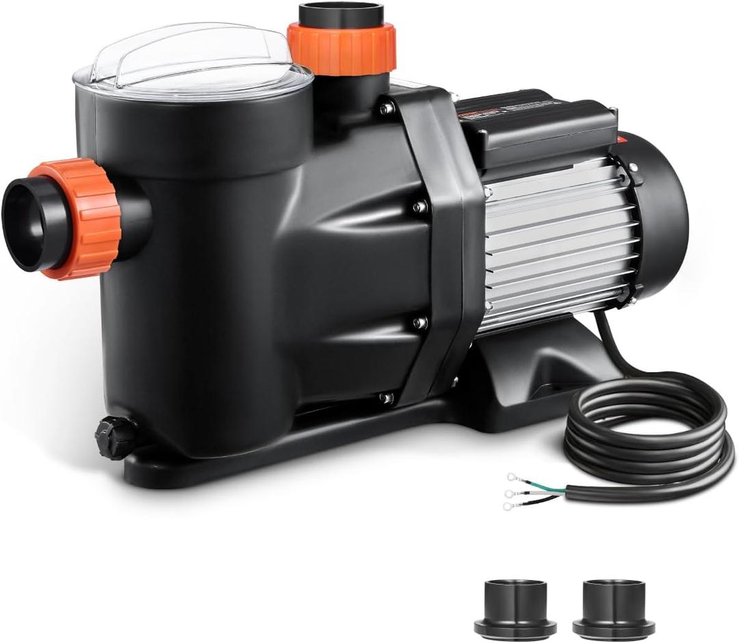 VEVOR Above Ground Pool Pump, 1.5HP, Self Priming Single Speed Swimming Pool Pump, 220V 3450 RPM 55 ft Max Head Lift with PP Shell Strainer Basket, 122F Max Water Temp, for Hot Tubs Spas, No Plug