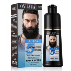 Men's Beard Dye for Men in 5 Minutes, Black Beard Dye Shampoo for Mustache 100% Gray Coverage, Root Touch Up, 3 in 1 Simpler Hair Color for Men, Long Lasting Color Shampoo for Facial Hair, 200 ml