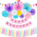 Pastel Colors Decor Baby Shower Decorations Macaron Candy Color Birthday Party Supplies Birthday Decorations, Pom Pom Tassel Banner Garland (Purple, Pink)