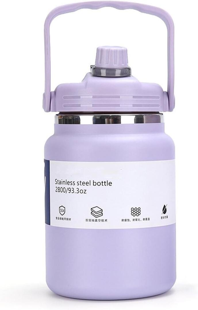 0.73 Gallon Large Insulated Water Bottle with Handle, 93 oz, Purple, 2800 ml Tumbler Jug, Insulated Container, Insulated Jar, Leak-Proof, 304 SS Thermal Mug, Hot/Cold Beverages, Sports, Travel, Gym