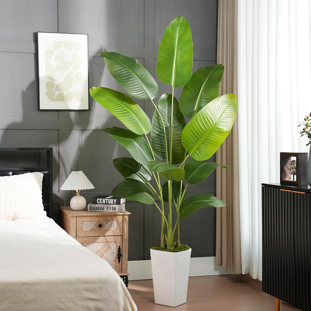 Lifelike Bird of Paradise Artificial Plant 7ft Faux Banana Leaf Tree with White Tall Planter for Home Decor - Perfect Indoor Silk Floor Plant for Living Room, Office, and Bedroom Ambiance Enhancement