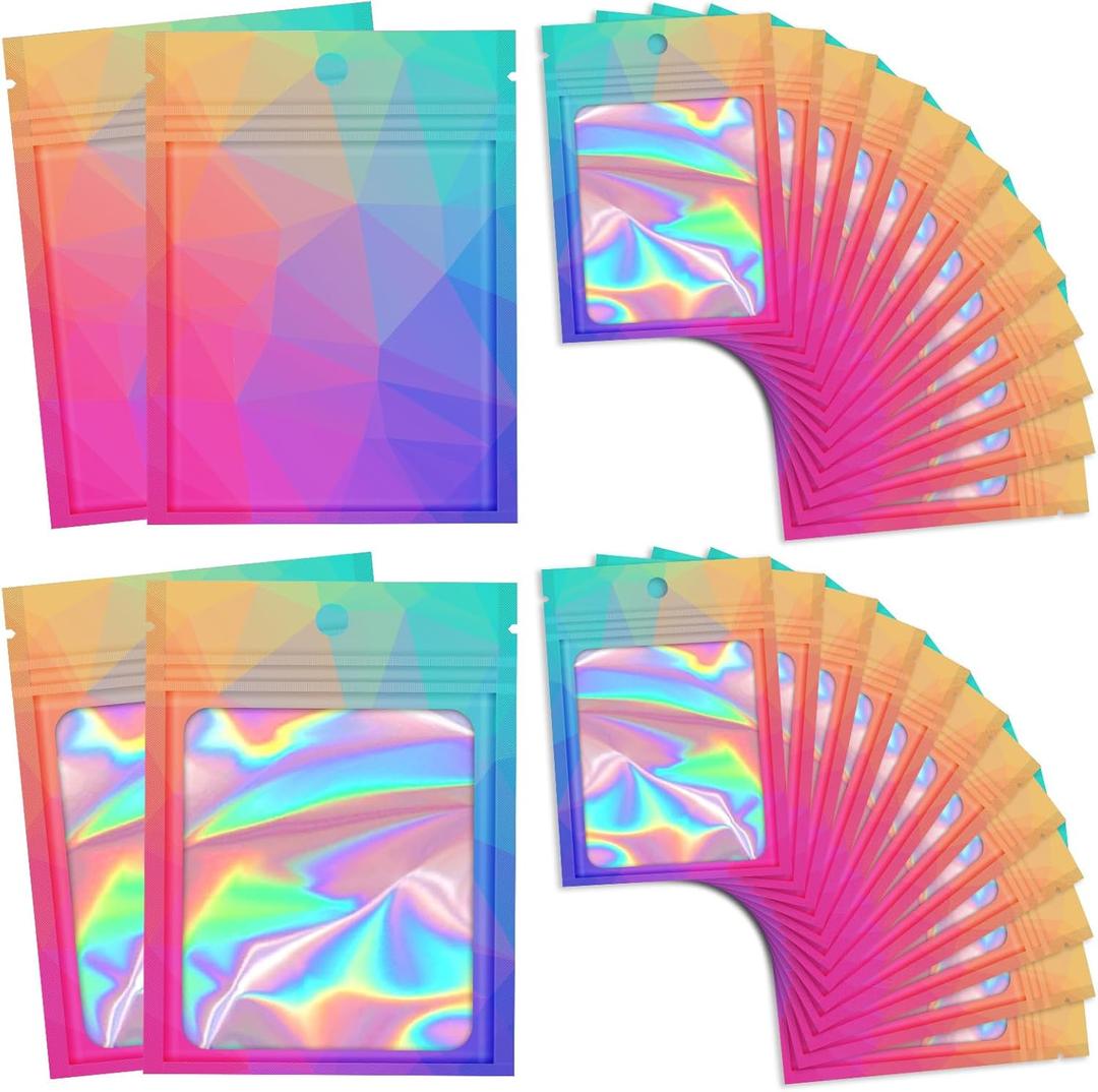 100 Pieces Resealable Bags with Clear Window, Holographic Gradient Packaging Bags Transparent Small Business Pouch Party Mylar Zip Bags Sample Bags (Multicolor, 3.5x4.7 Inch)