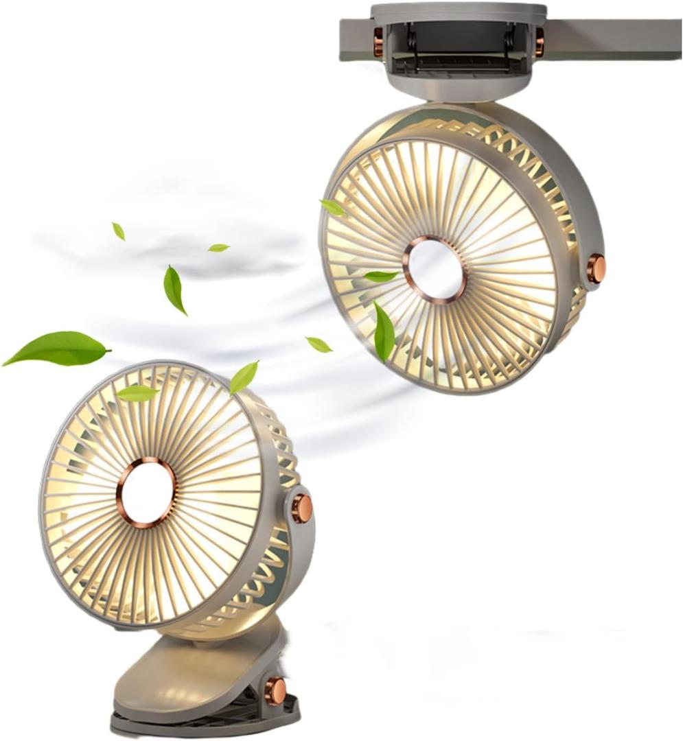 Desk Fan Clip On with Lights USB Rechargeable 2400mAh 5 Level Speed Air Flow Portable Personal Mini Fan 6inch Camping Home Travel Indoor Outdoor (White)