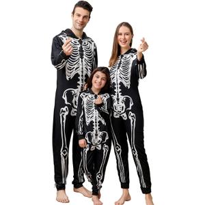 ANGELGGH Family Matching Halloween Onesie Pajamas, Funny Skeleton Printed Hooded Zipper PJs Loungewear for Men/ Women/ Kids (Men, XL, Skull)