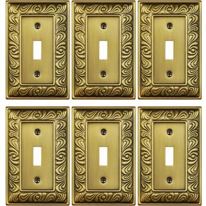 6-Pack Single Toggle Light Switch Cover Plate, Paisley Pattern Decorative Switch Plate Covers, Antique Brass 1 Gang Metal Wall Plate, Corrosion Resistant