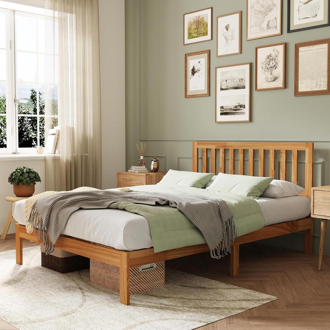 Novilla Queen Bed Frame with Headboard, Solid Wood Bed Frame Foundation with Wood Slat Support, No Box Spring Needed, Easy Assembly, Oak