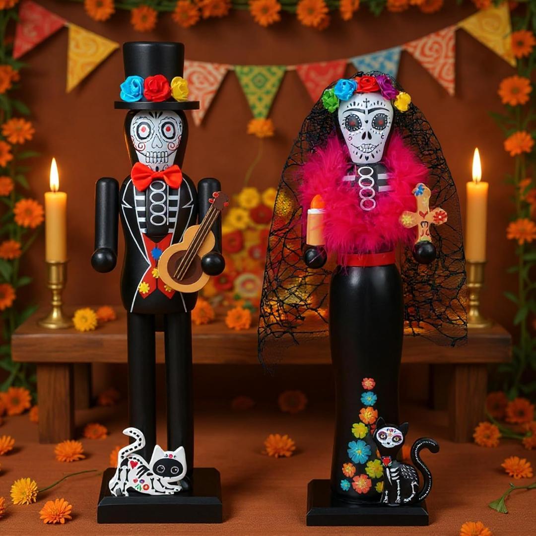 RattanView 2 Pcs Day of The Dead Nutcracker 14 Inch Mexican Fiesta Theme Party Figures Wooden Sugar Skull Nutcracker Decor for Holiday Tables Desktop Fireplace