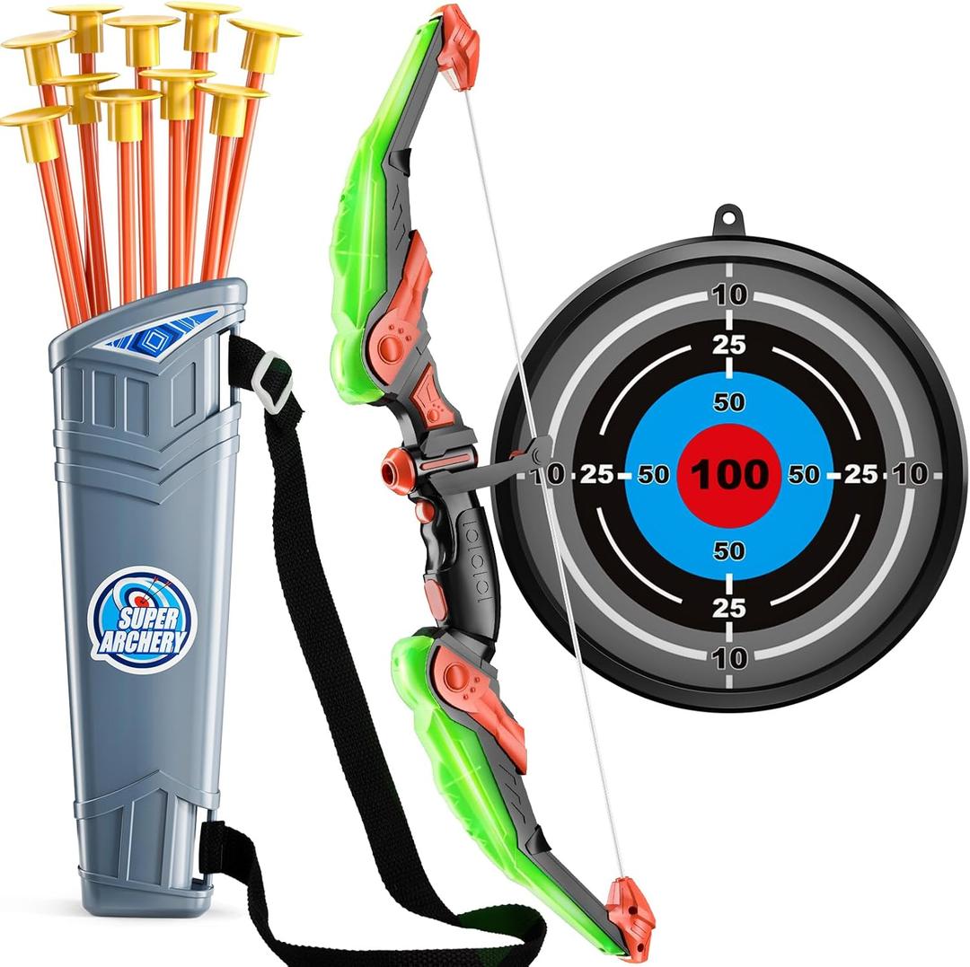 TEMI Bow and Arrow Set for Kids - Archery Toy Set - LED Light Up with Suction Cup Arrows, Target & Quiver, Indoor and Outdoor Toys for Children Boys Girls (Green)