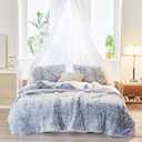 Luxury Faux Fur Shaggy Fluffy Comforter Set King Size Mixed Gray and White Long Hair, 3 Pieces Plush Flannel Sherpa Backing Reversible Soft Microfiber Bedding Set Super Warm for Chilly Winter, King-100"x86"