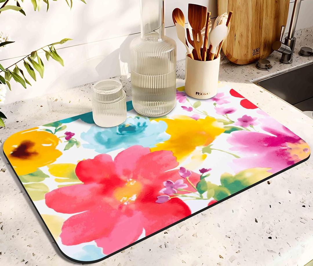 Dish Drying Mat for Kitchen Counter 20x12in Washable Quick Dish Drying Pad Rubber Backed Absorbent Draining Mat Fit Kitchen Counter,Bar,Under Sink,Dishes,Utensils,Dish Rack (Watercolor flower)