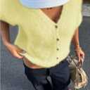 GORGLITTER Women's Cropped Button Up Fuzzy Cardigan Sweater Slouchy 3/4 Puff Sleeve V Neck Knit Tops (Yellow, M)