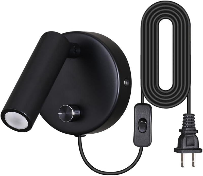 Surface Wall Mounted Reading Light Sconces Lamp Physical Knob Dimmer Switch LED 5W Warm White 3000K (Black Plug Cord)