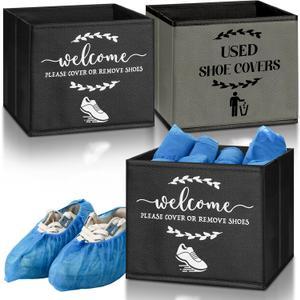 2 Pcs Shoe Cover Boxes Dispenser Foldable Storage Bins, Used Shoe Covers and Welcome Please or Remove Sign Entryway Basket Holder for Open House Supplies(Dark Gray, Black)
